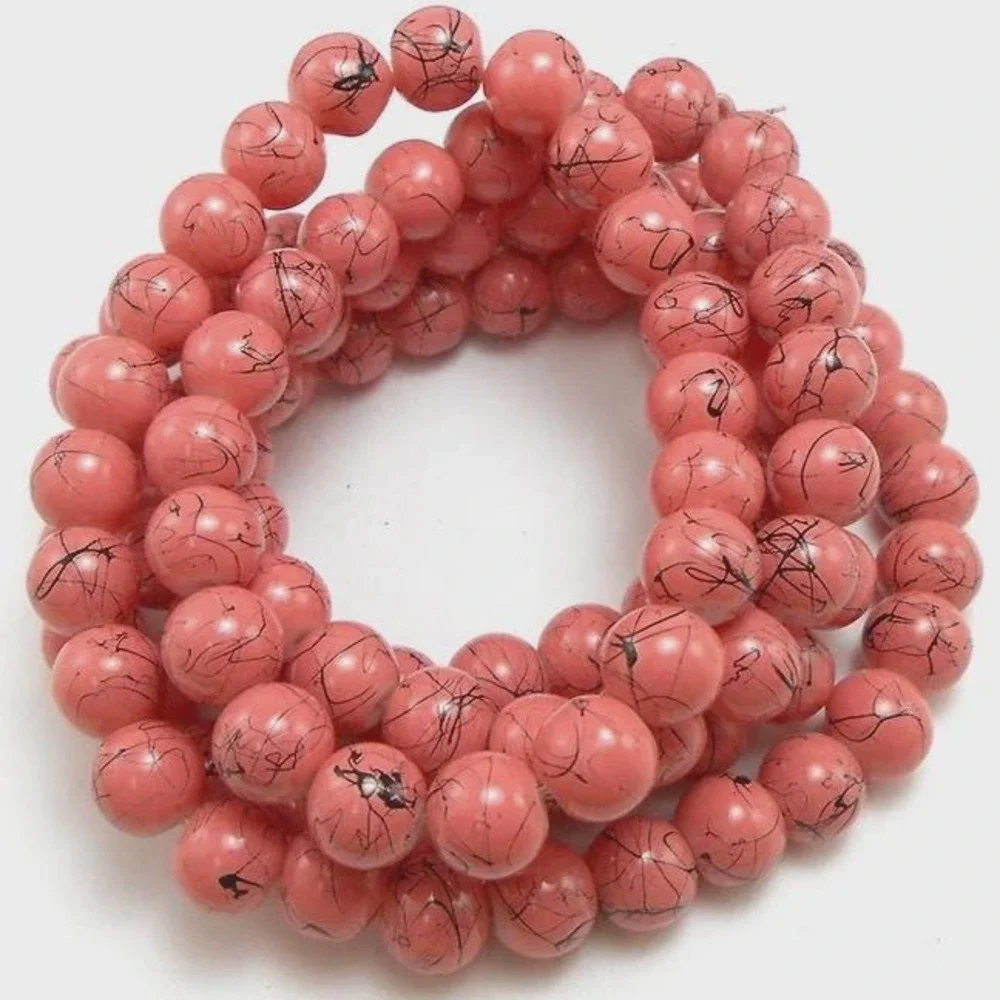 50pcs Pink with Black Glass Beads 8mm